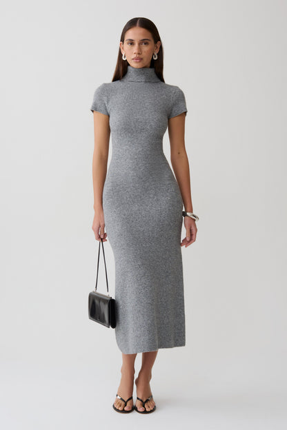 Goldie Hoher Hals Strick Midi Kleid - Grau Meliert