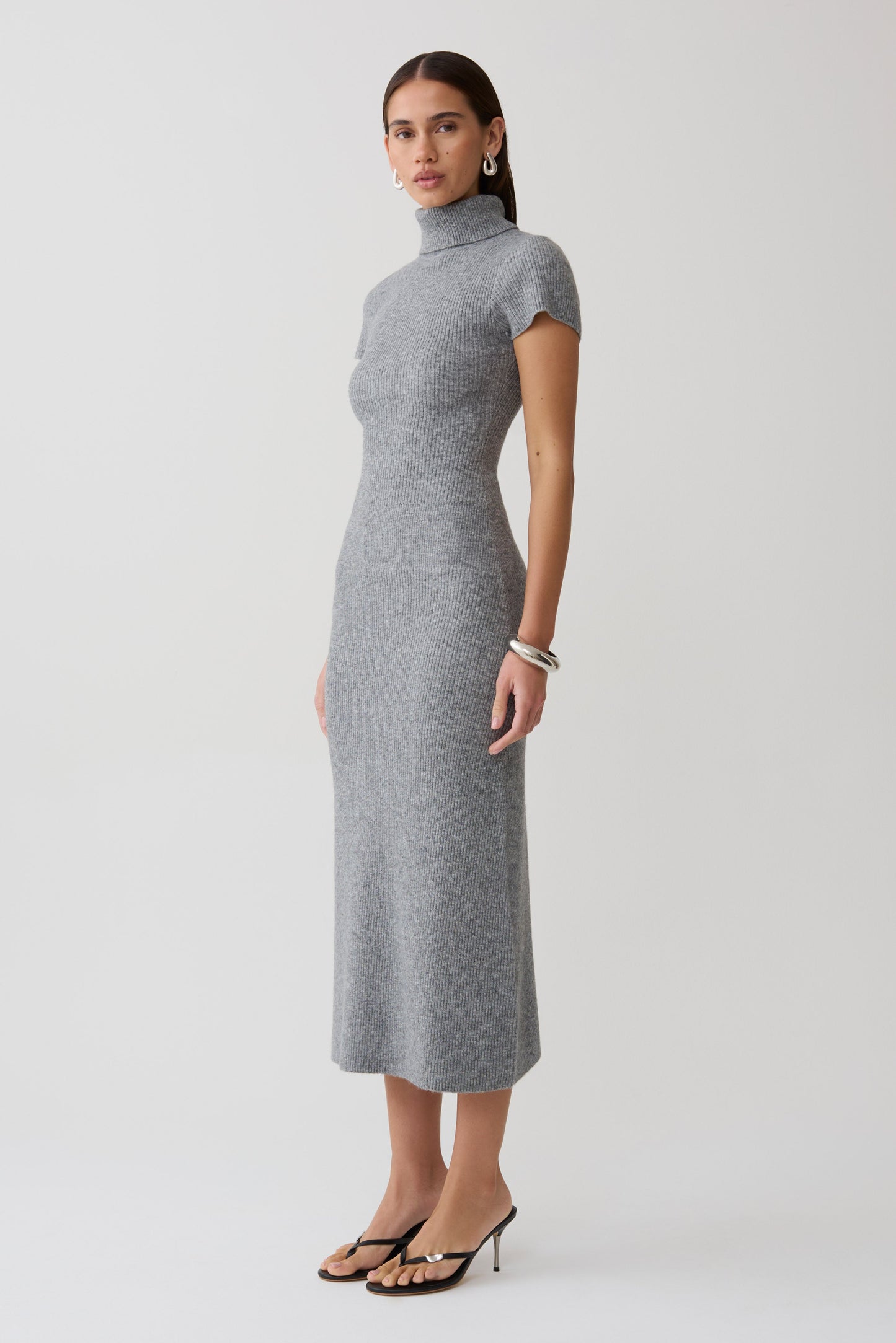 Goldie Hoher Hals Strick Midi Kleid - Grau Meliert