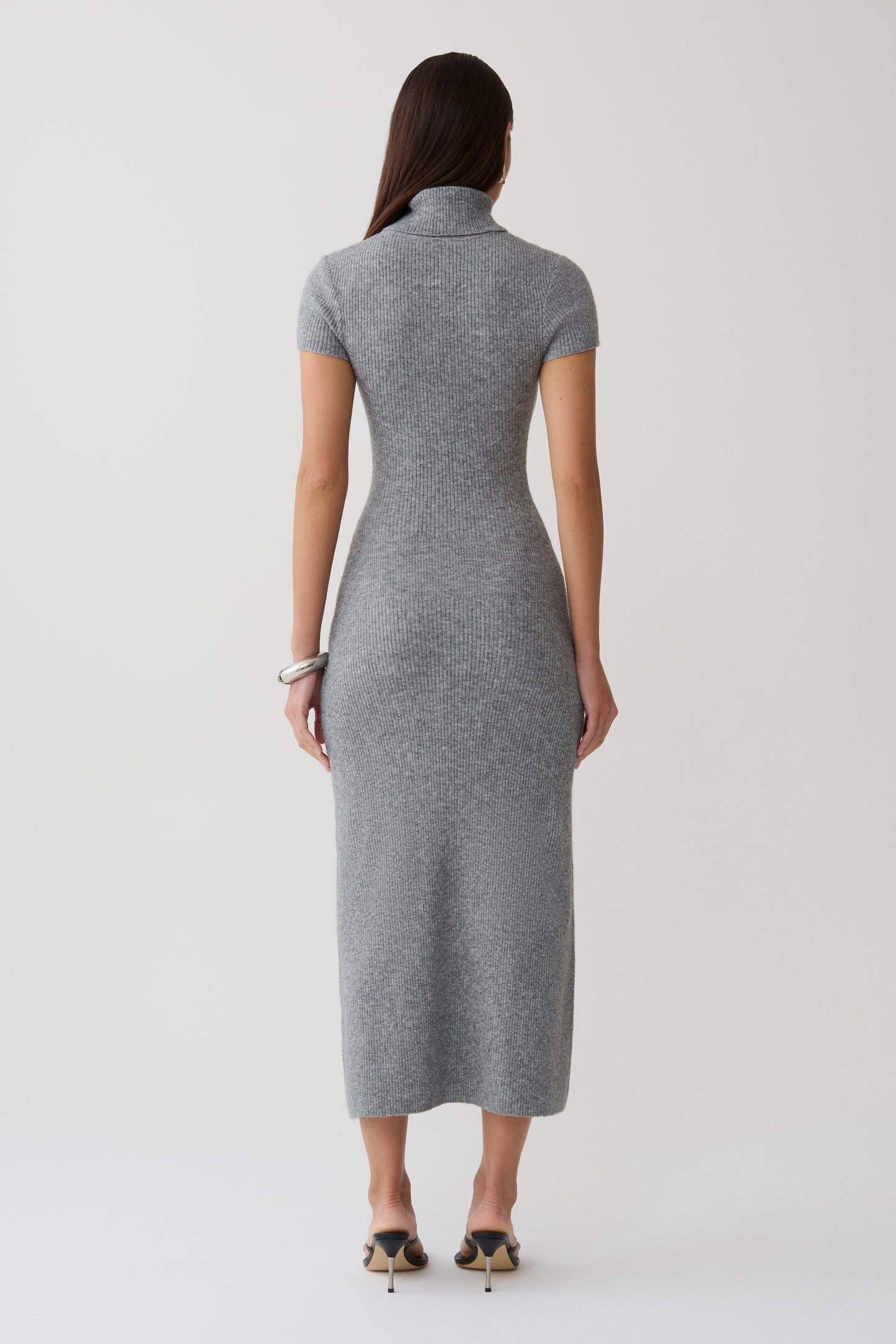 Goldie Hoher Hals Strick Midi Kleid - Grau Meliert