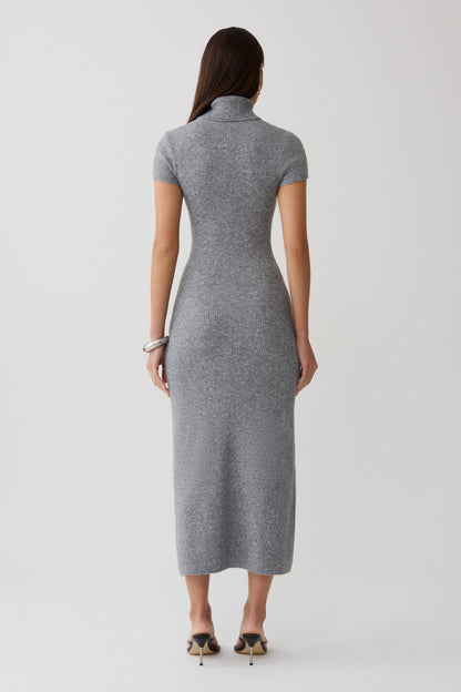 Goldie Hoher Hals Strick Midi Kleid - Grau Meliert
