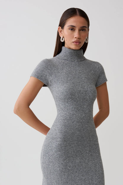 Goldie Hoher Hals Strick Midi Kleid - Grau Meliert