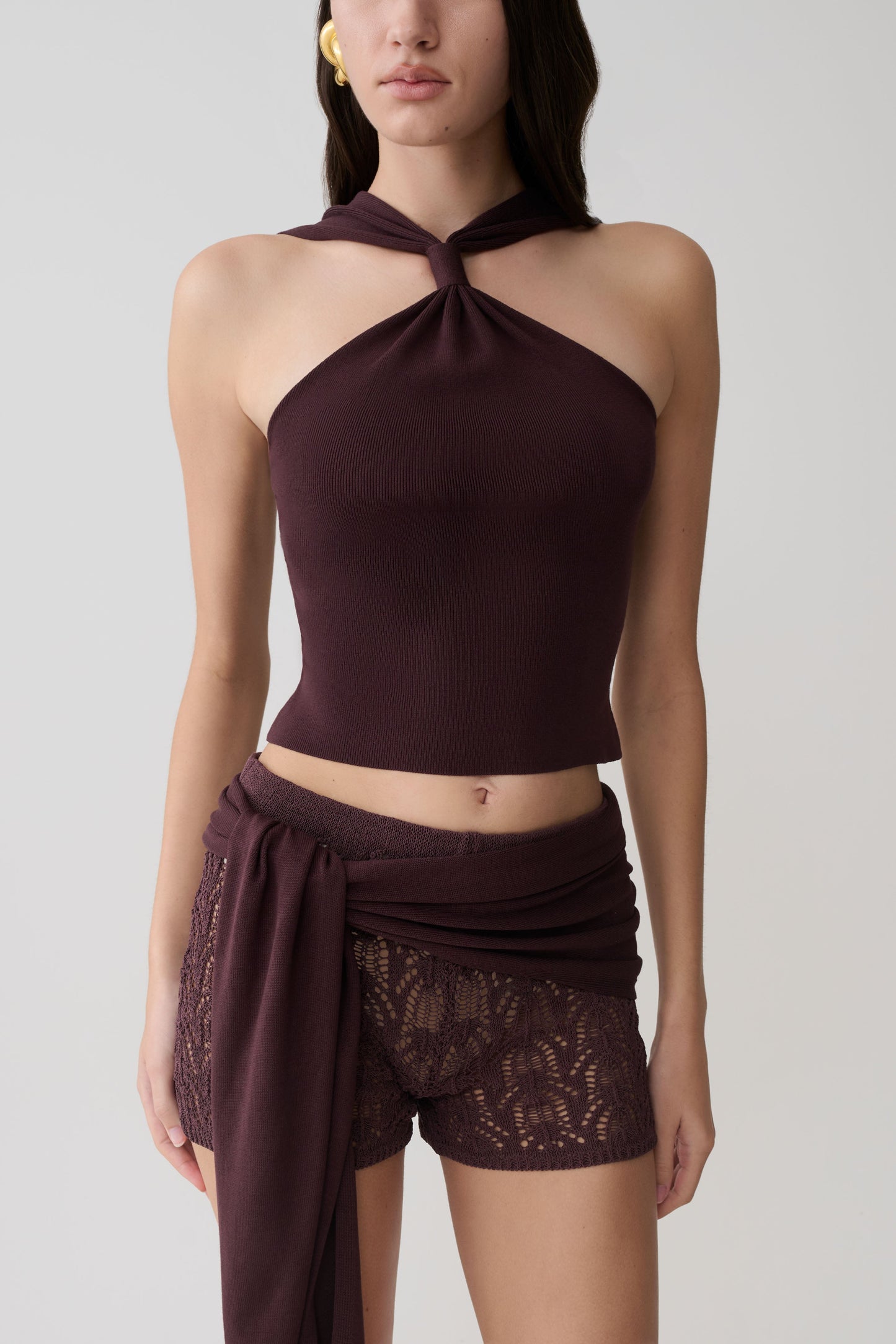 Liora Häkel-Shorts mit Strick-Overlay - Schokolade