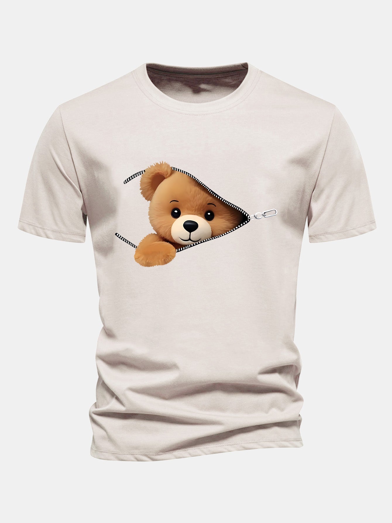 Reguläre Passform Reißverschluss Bären Druck Baumwoll T-Shirt