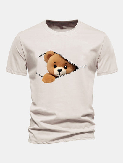 Reguläre Passform Reißverschluss Bären Druck Baumwoll T-Shirt