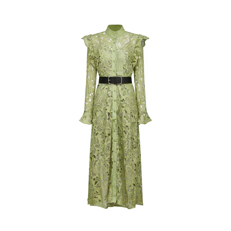 Noémie blumenbesticktes Midi-Kleid in Grün