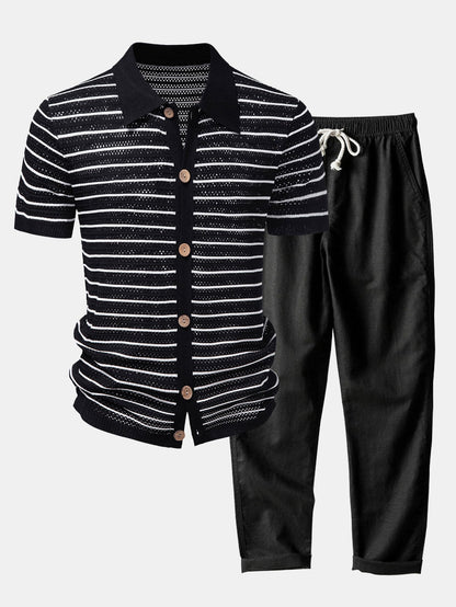 Gestreiftes Offenes Strickshirt & Gerade Bein Leinenhose