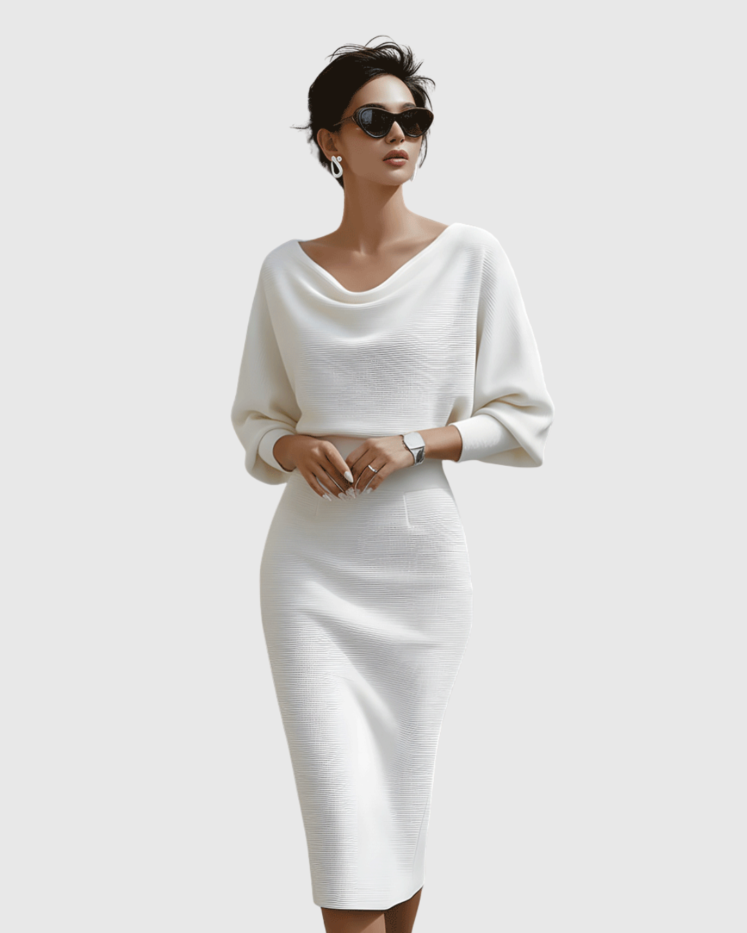 Ismeria | Weiß Drapiertes Midikleid mit Fledermausflügel
