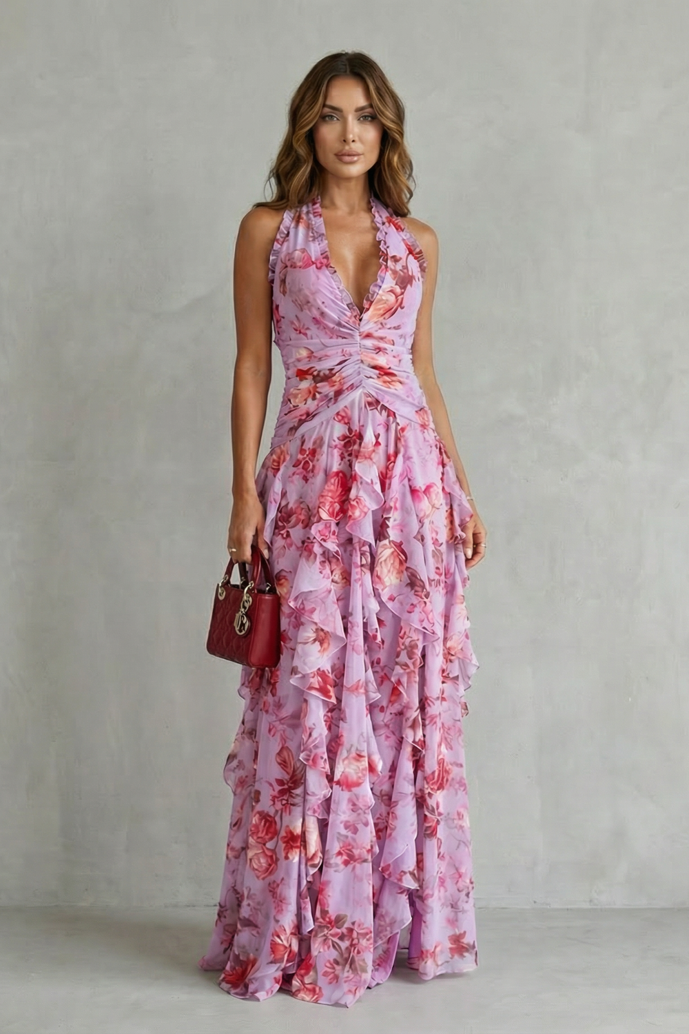 Belladina | Romantische Rosen-Cascata Lange Kleid mit Amerikanischem Ausschnitt