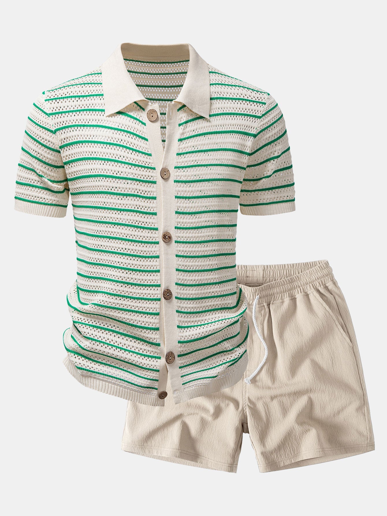 Gestreiftes Offenes Strickshirt & Crinkle Texturiertes Drawstring 5" Shorts