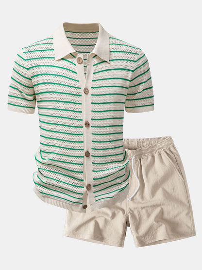 Gestreiftes Offenes Strickshirt & Crinkle Texturiertes Drawstring 5" Shorts