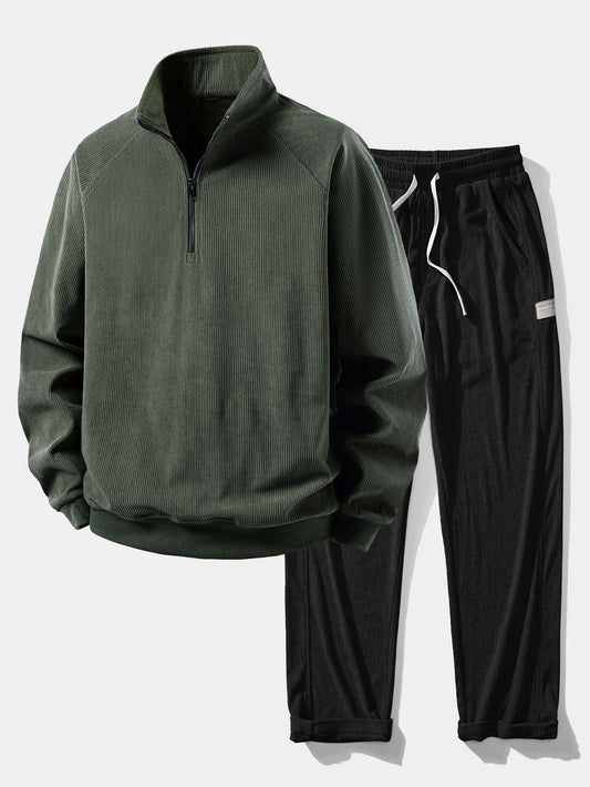 Quarter Zip Corduroy Raglan Ärmel Sweatshirt & Gerade Bein Corduroy Hose
