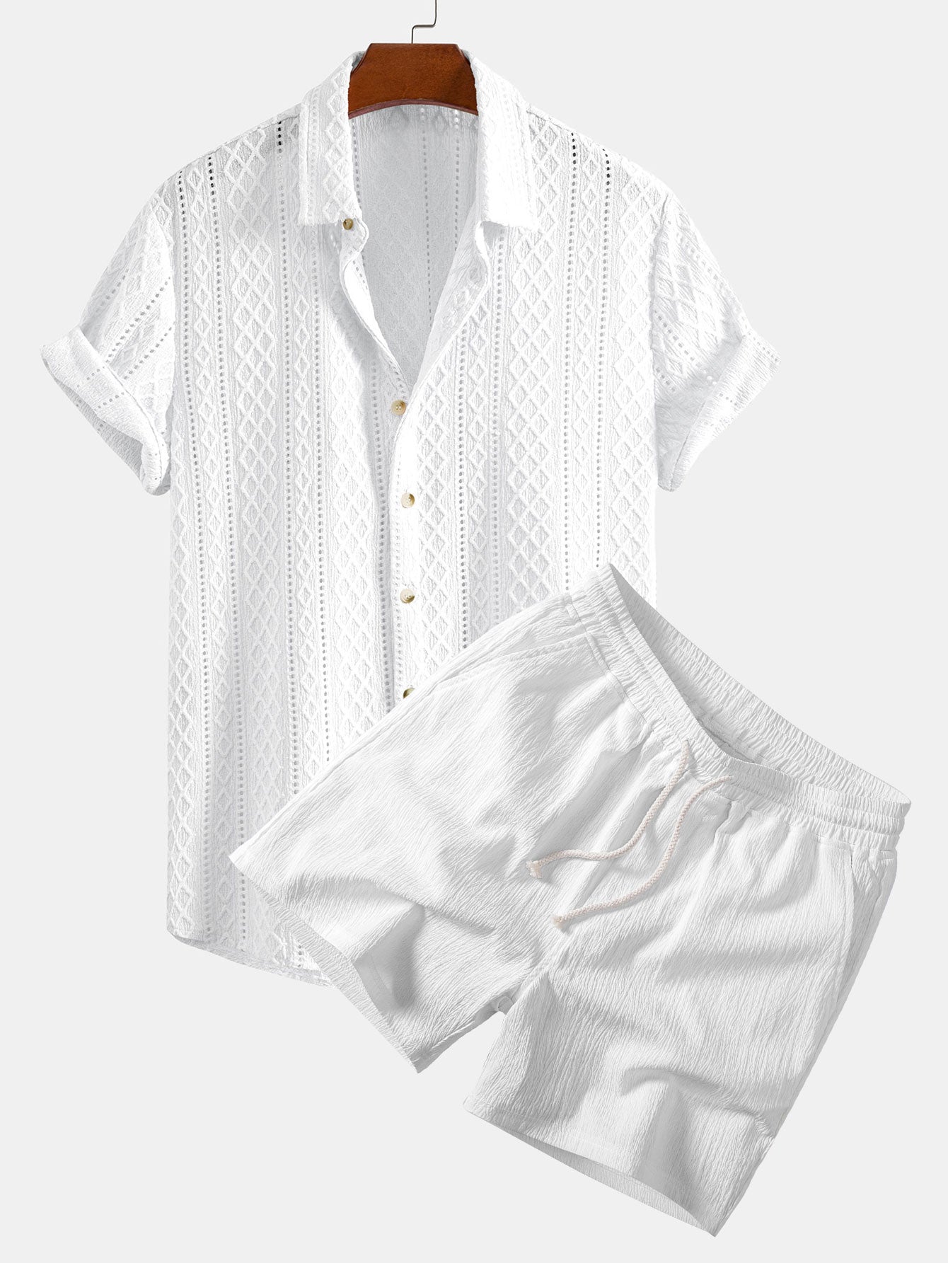 Geometrisches Rhombus-Jacquard Hemd mit Knopfleiste & Crinkle-texturierten 5" Shorts
