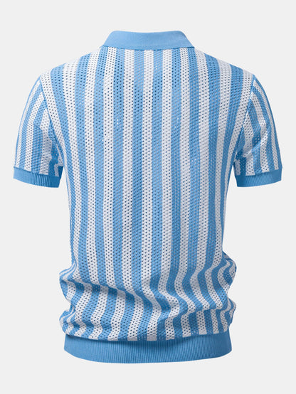 Streifen Johnny Kragen Offenes Strick Polo & Gerade Beinform Leinenhose