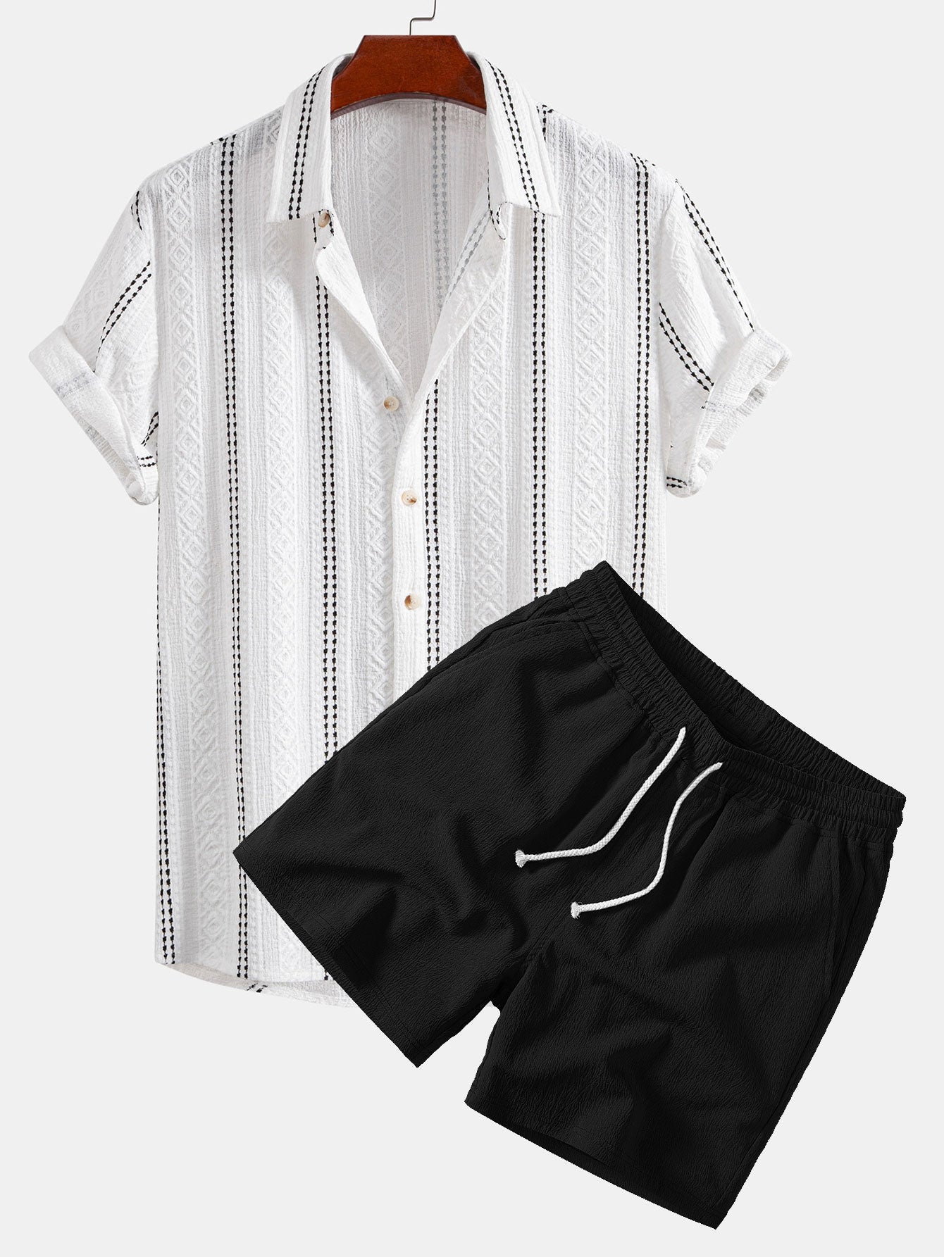 Geometrisch gestreifte Jacquard-Knopfhemd & crinkle-texturierte Shorts mit Kordelzug (5")