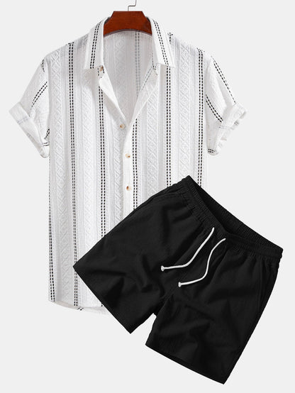 Geometrisch gestreifte Jacquard-Knopfhemd & crinkle-texturierte Shorts mit Kordelzug (5")