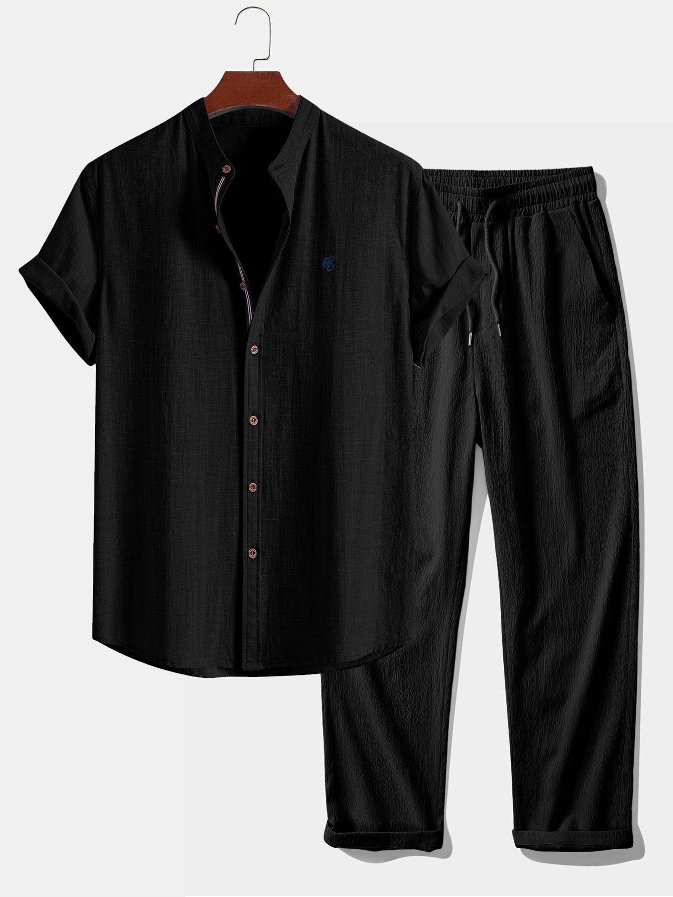 Kurzarm-Leinenlook-Hemd mit Stehkragen & crinkle-texturierten geraden Hosen