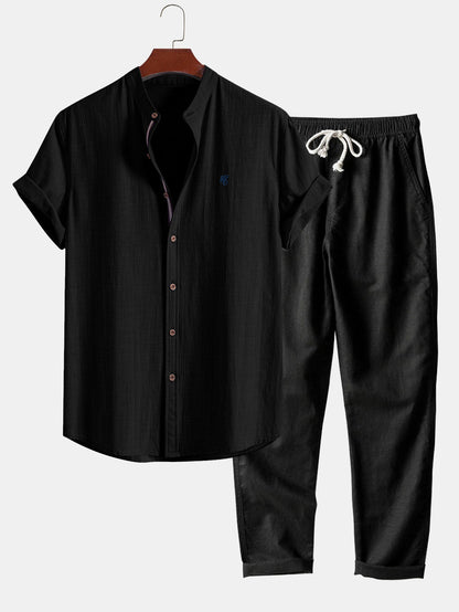 Kurzärmliges Hemd im Leinen-Look mit Stehkragen & gerade geschnittene Leinenhose