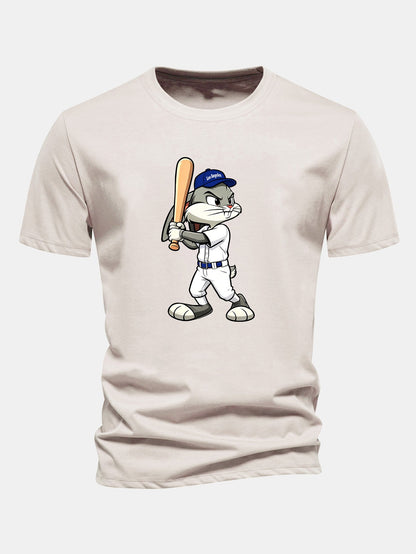 Regulär geschnittenes Baseball T-Shirt mit Kaninchenprint aus Baumwolle