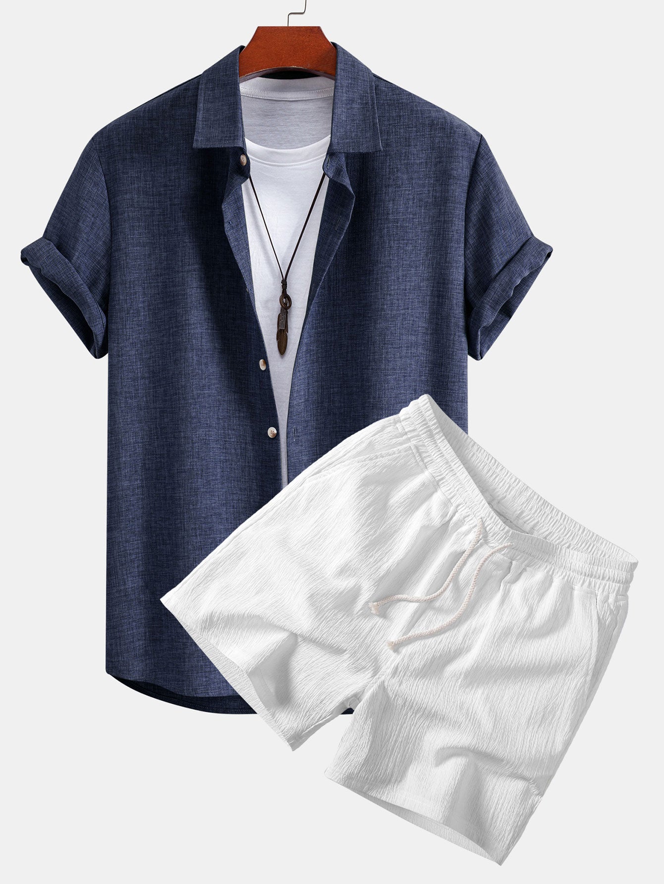 Leinenlook Hemd mit Knöpfen & crinkle-texturierte 5" Shorts mit Kordelzug