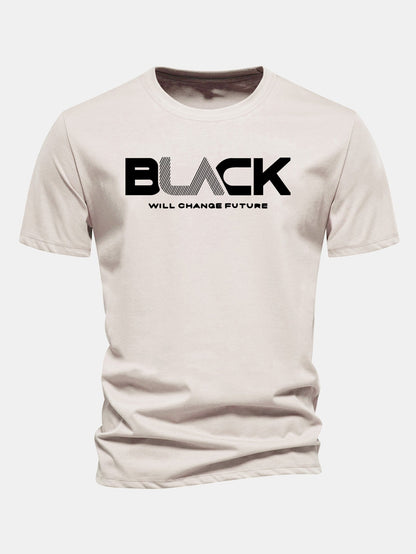 Regulär geschnittenes schwarzes Druck Baumwoll-T-Shirt