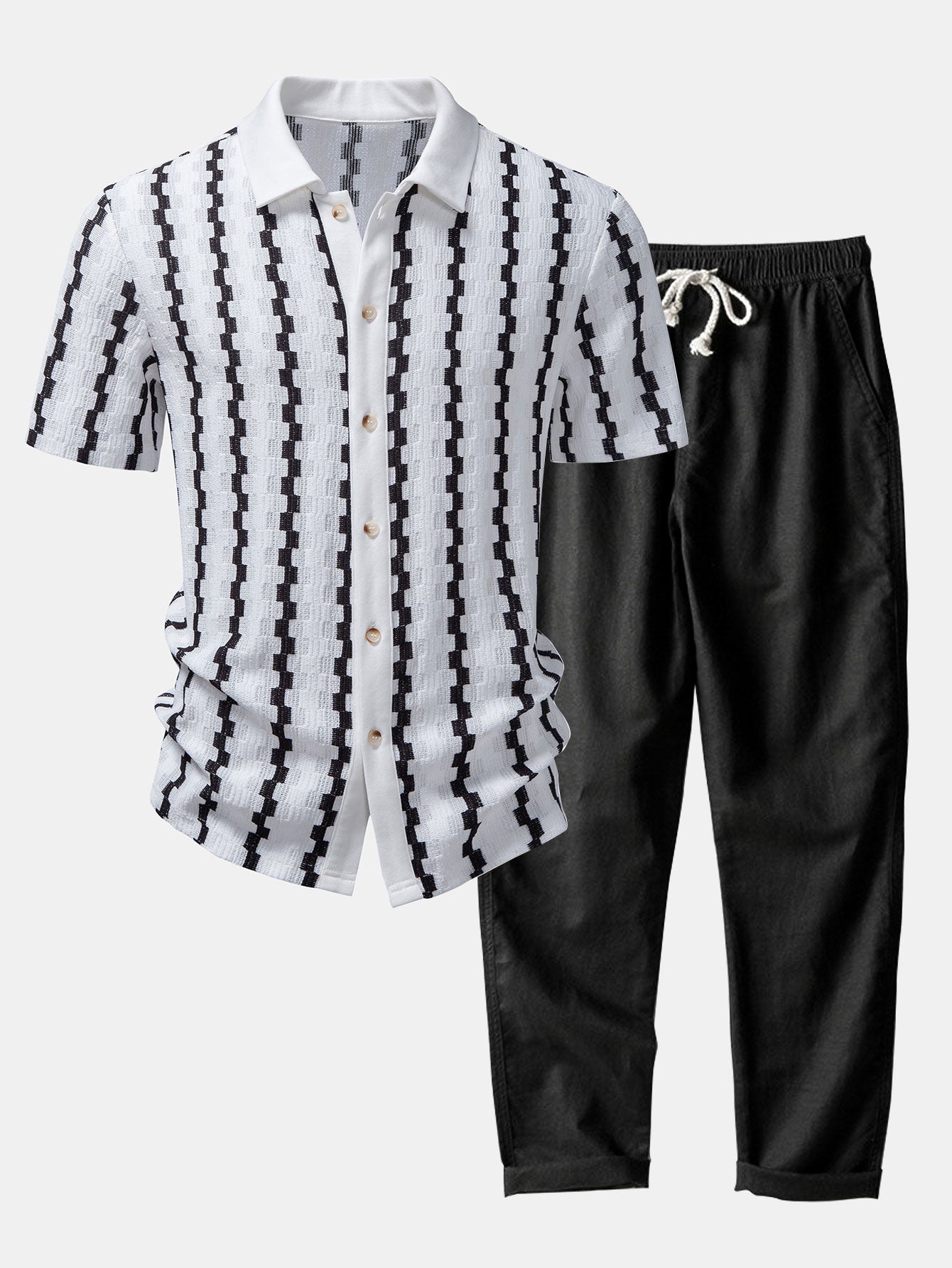 Kariertes Jacquard Hemd mit Knöpfen & Gerade geschnittene Leinenhose