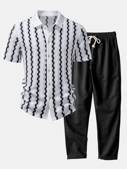 Kariertes Jacquard Hemd mit Knöpfen & Gerade geschnittene Leinenhose