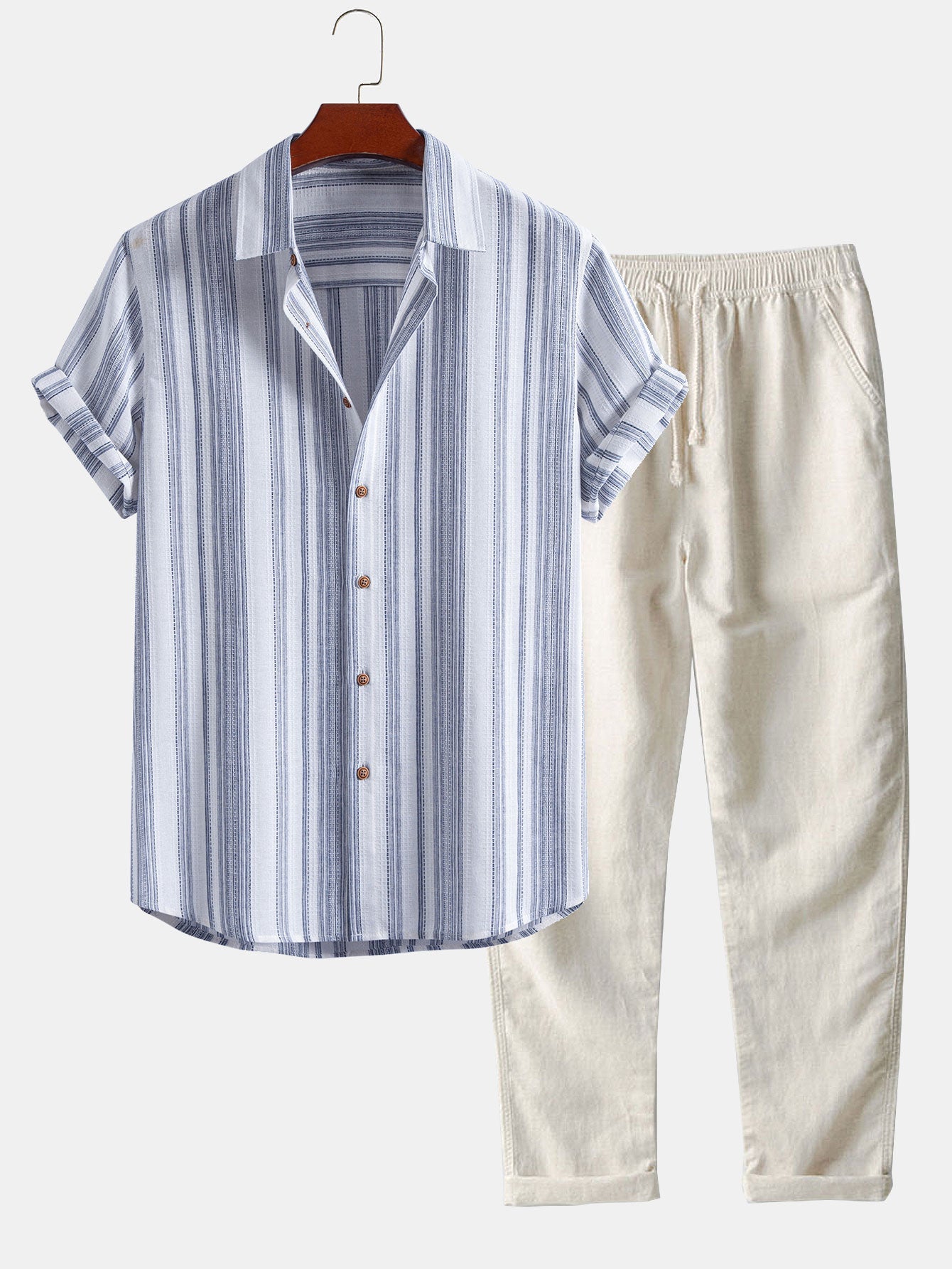 Gestreifte Leinen-Look Hemd mit Knopfleiste & gerade Leinenhose