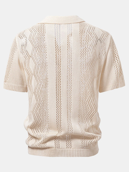 Relaxed Fit Geometrie Häkel V-Ausschnitt Strick Polo & Gerade Beinform Leinenhose