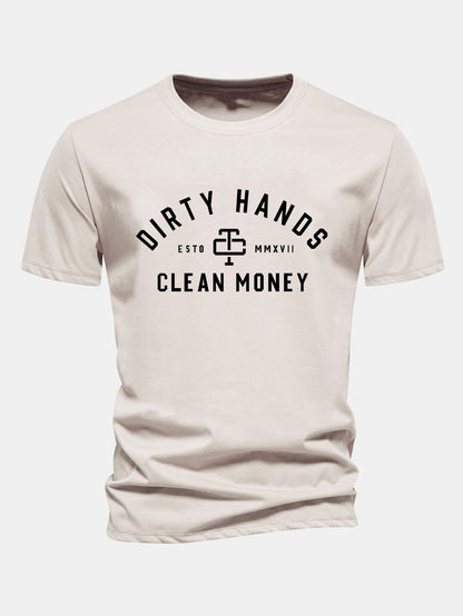 Regulär Passform Dirty Hands Clean Money Druck Baumwoll-T-Shirt