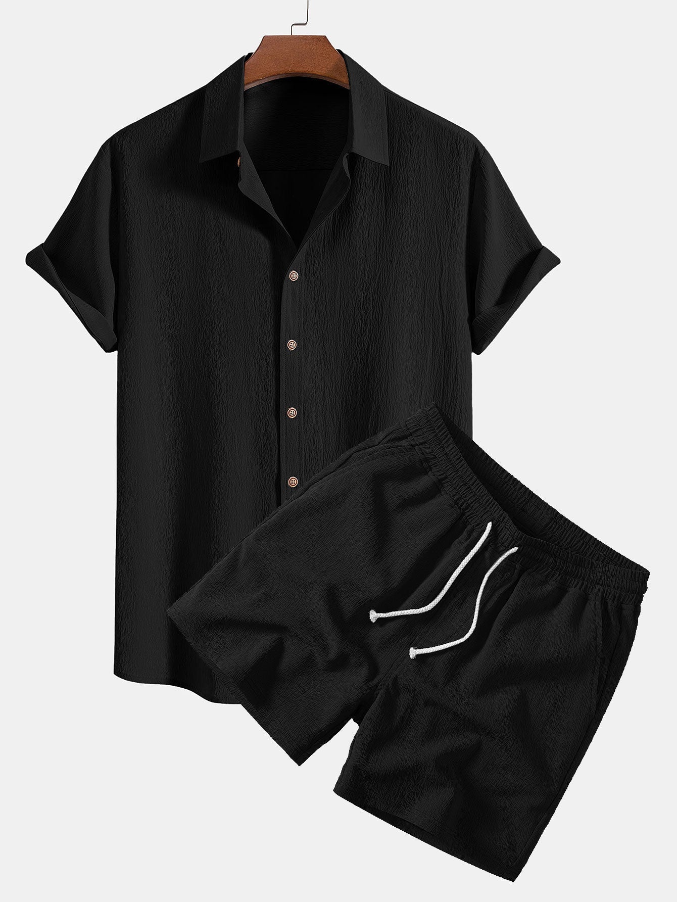Gekräuselte Texturierte Hemd & Gekräuselte Texturierte Shorts mit Kordelzug (5 Zoll)