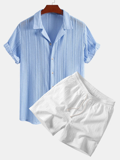 Offenes Stricktexturiertes Shirt mit Kubanischem Kragen & Knittertexturierte 5"-Shorts