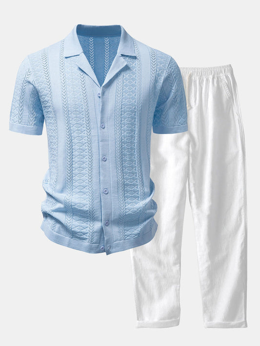Texturiertes Jacquard Offenes Strickhemd & Gerade Beinform Leinenhose