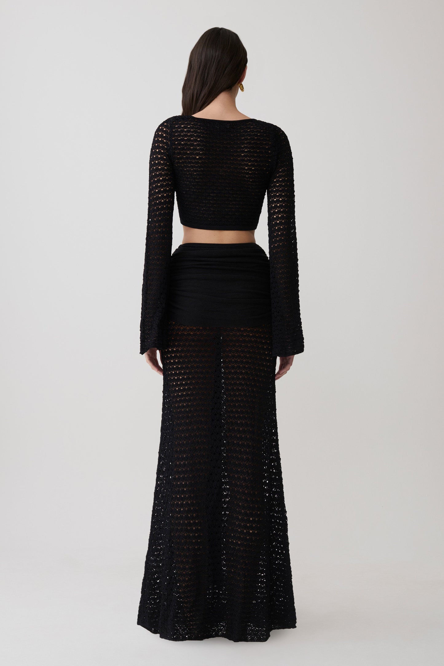 Mania Häkel Langarm Cropped Top - Schwarz