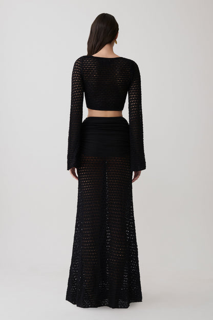 Mania Häkel Langarm Cropped Top - Schwarz