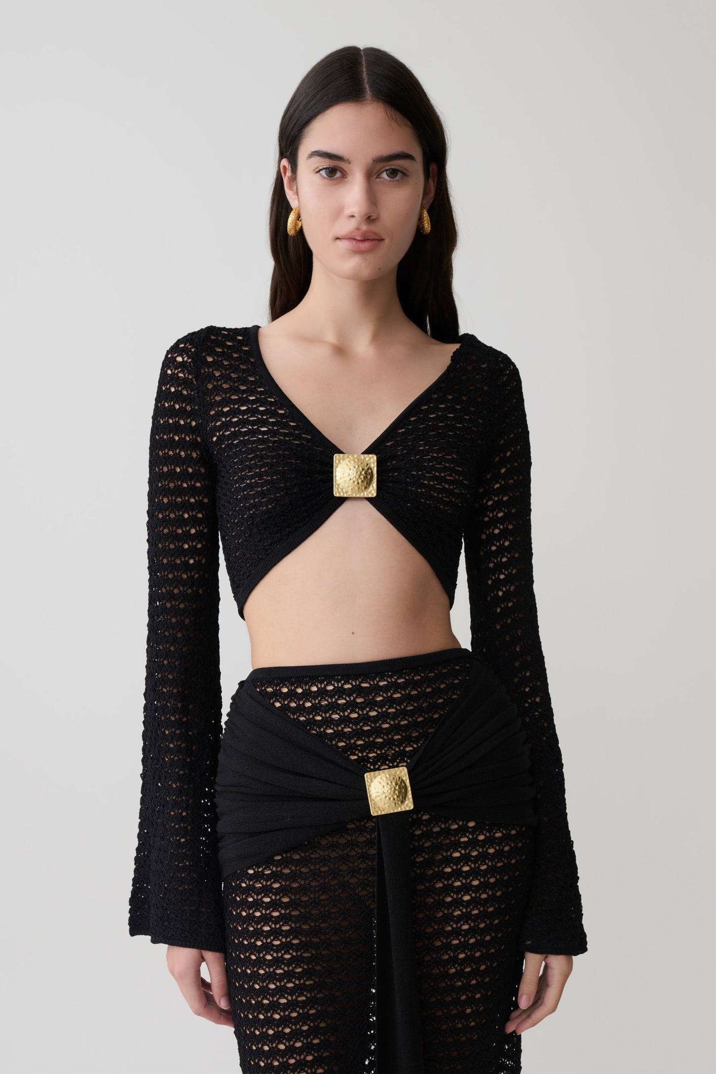 Mania Häkel Langarm Cropped Top - Schwarz