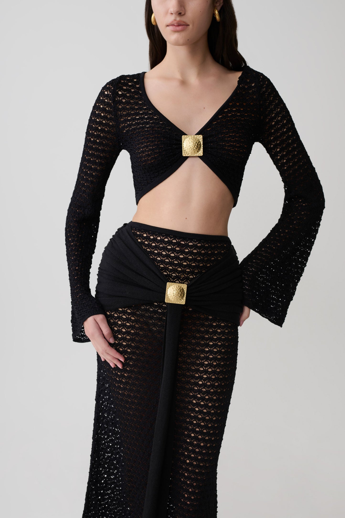Mania Häkel Langarm Cropped Top - Schwarz
