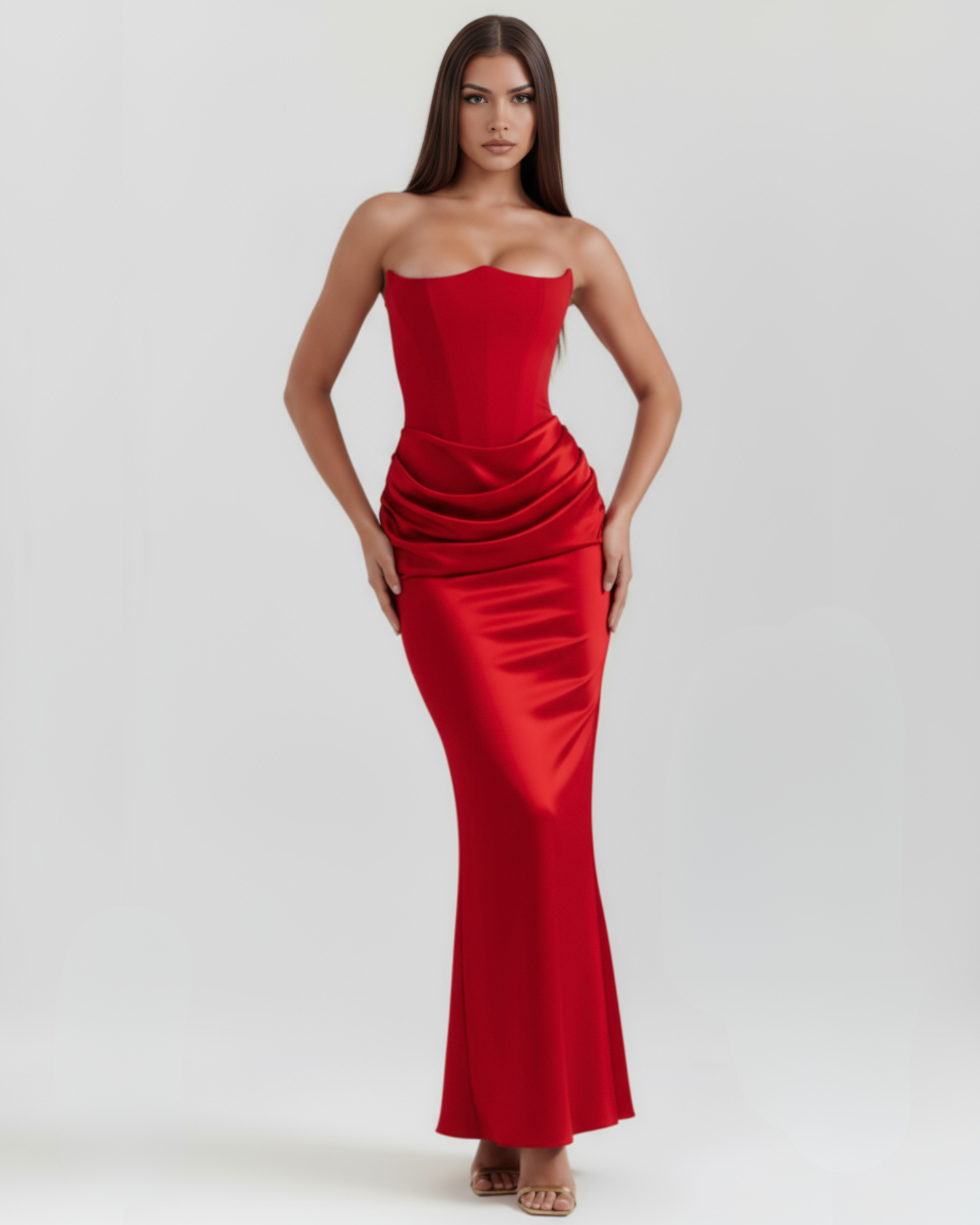 Satin-Langkleid mit schulterfreiem Ausschnitt