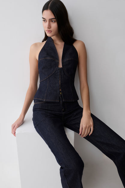 Rema Halter Longline Denim Top - Gewaschenes Indigo Blau