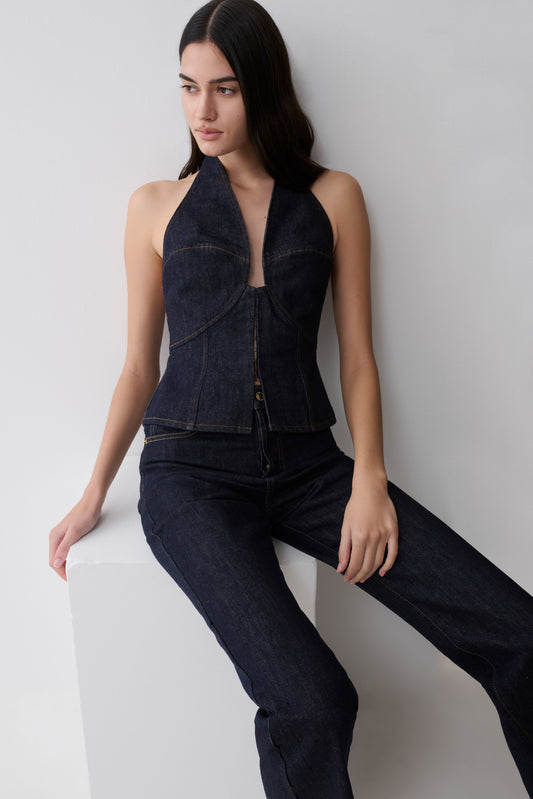 Rema Halter Longline Denim Top - Gewaschenes Indigo Blau