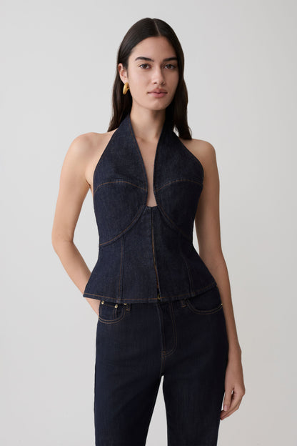Rema Halter Longline Denim Top - Gewaschenes Indigo Blau