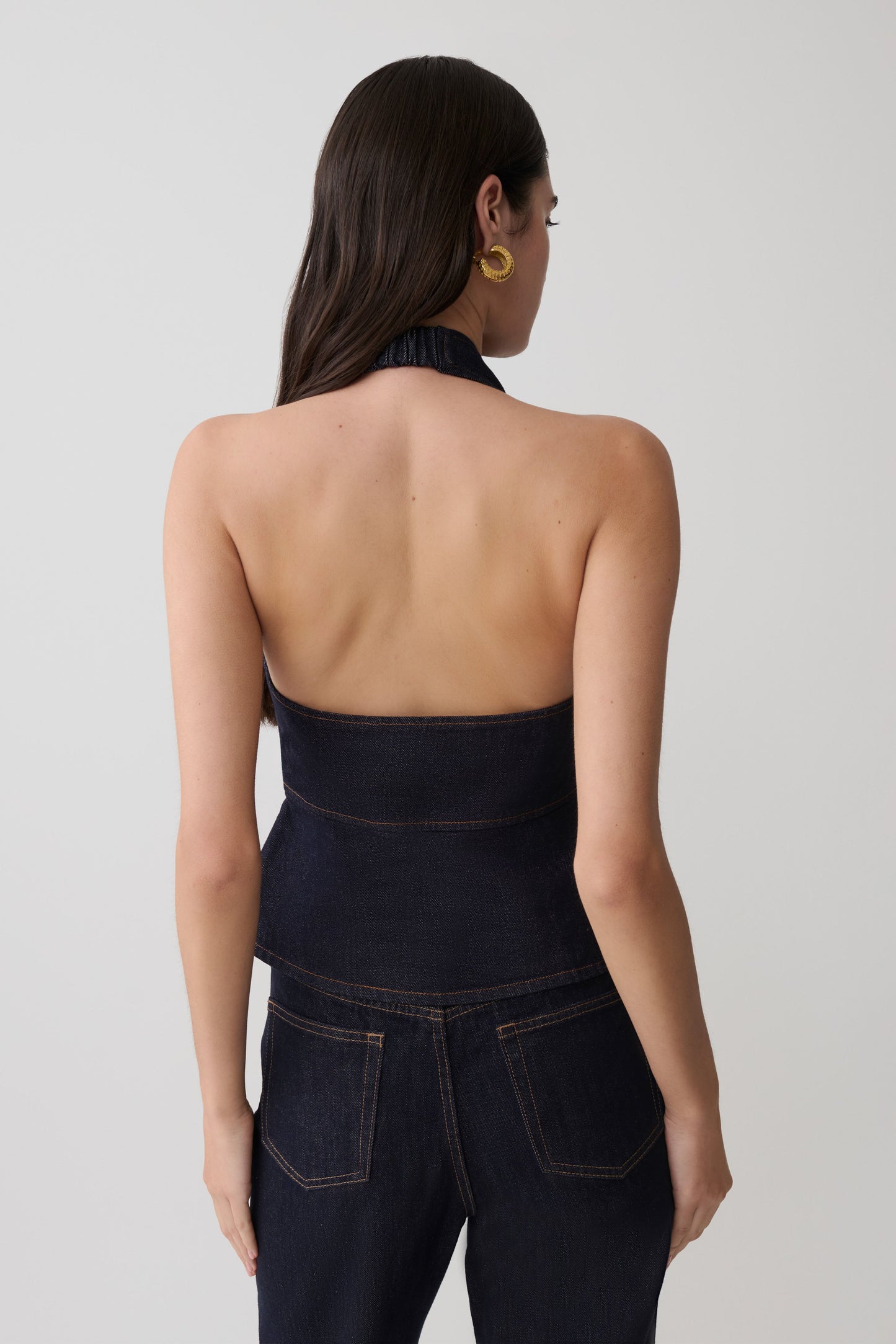 Rema Halter Longline Denim Top - Gewaschenes Indigo Blau
