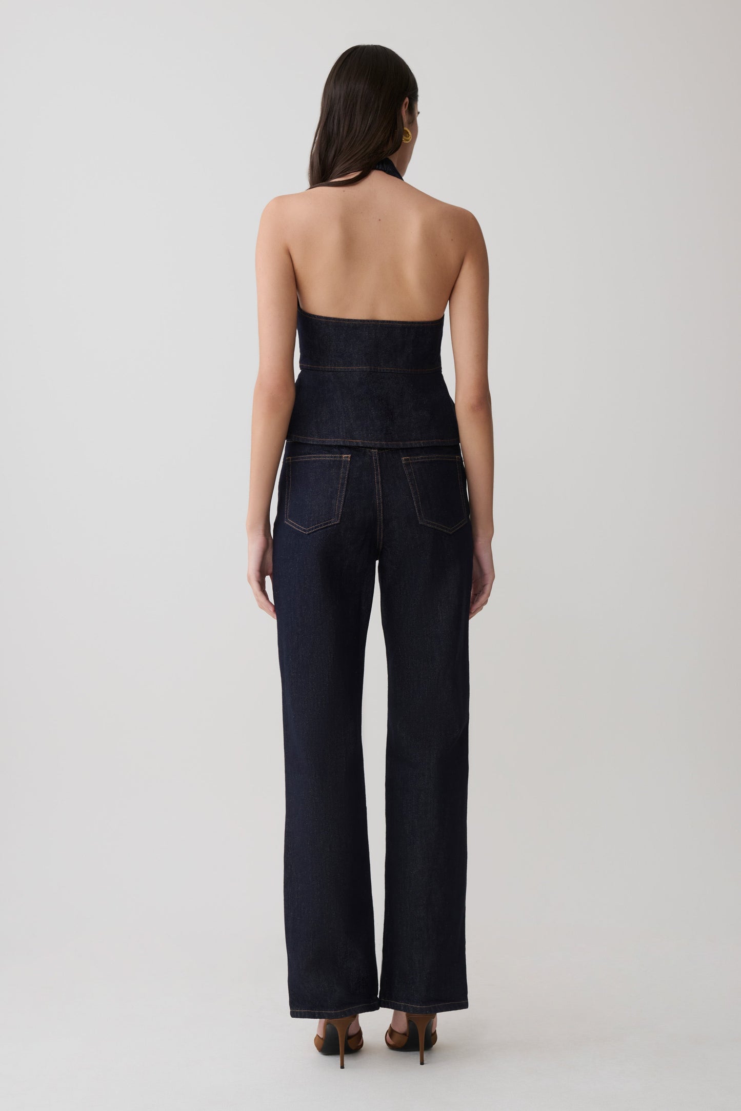 Rema Halter Longline Denim Top - Gewaschenes Indigo Blau