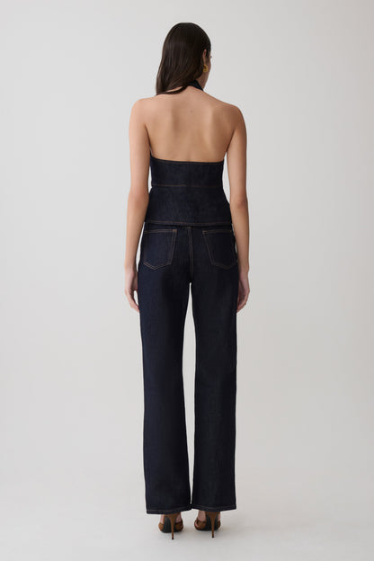 Rema Halter Longline Denim Top - Gewaschenes Indigo Blau