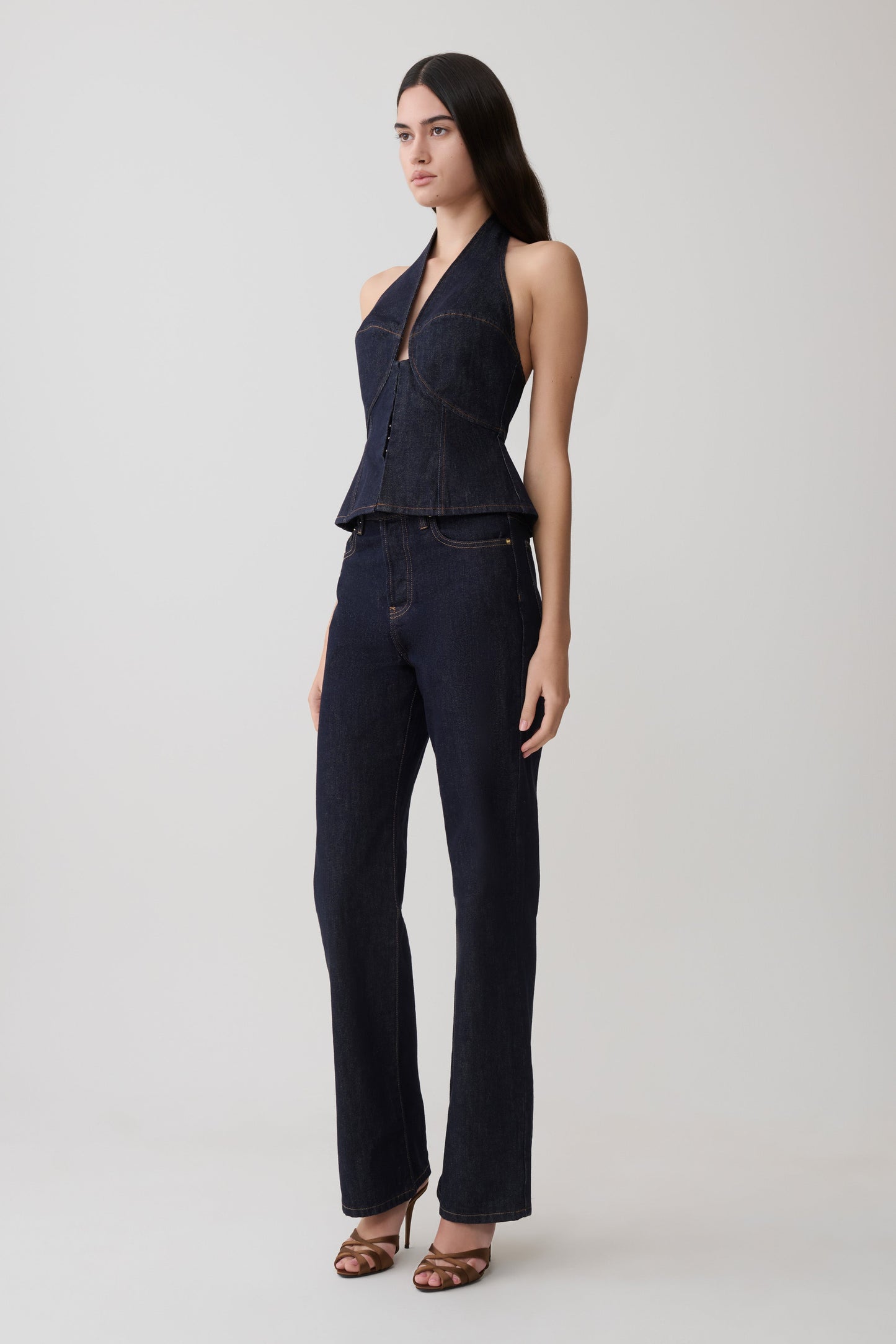 Rema Halter Longline Denim Top - Gewaschenes Indigo Blau