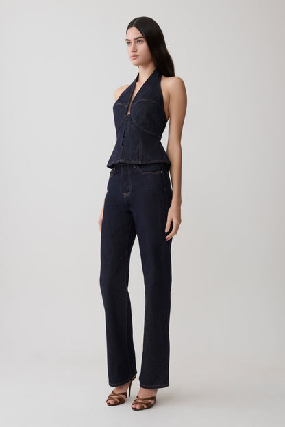 Rema Halter Longline Denim Top - Gewaschenes Indigo Blau