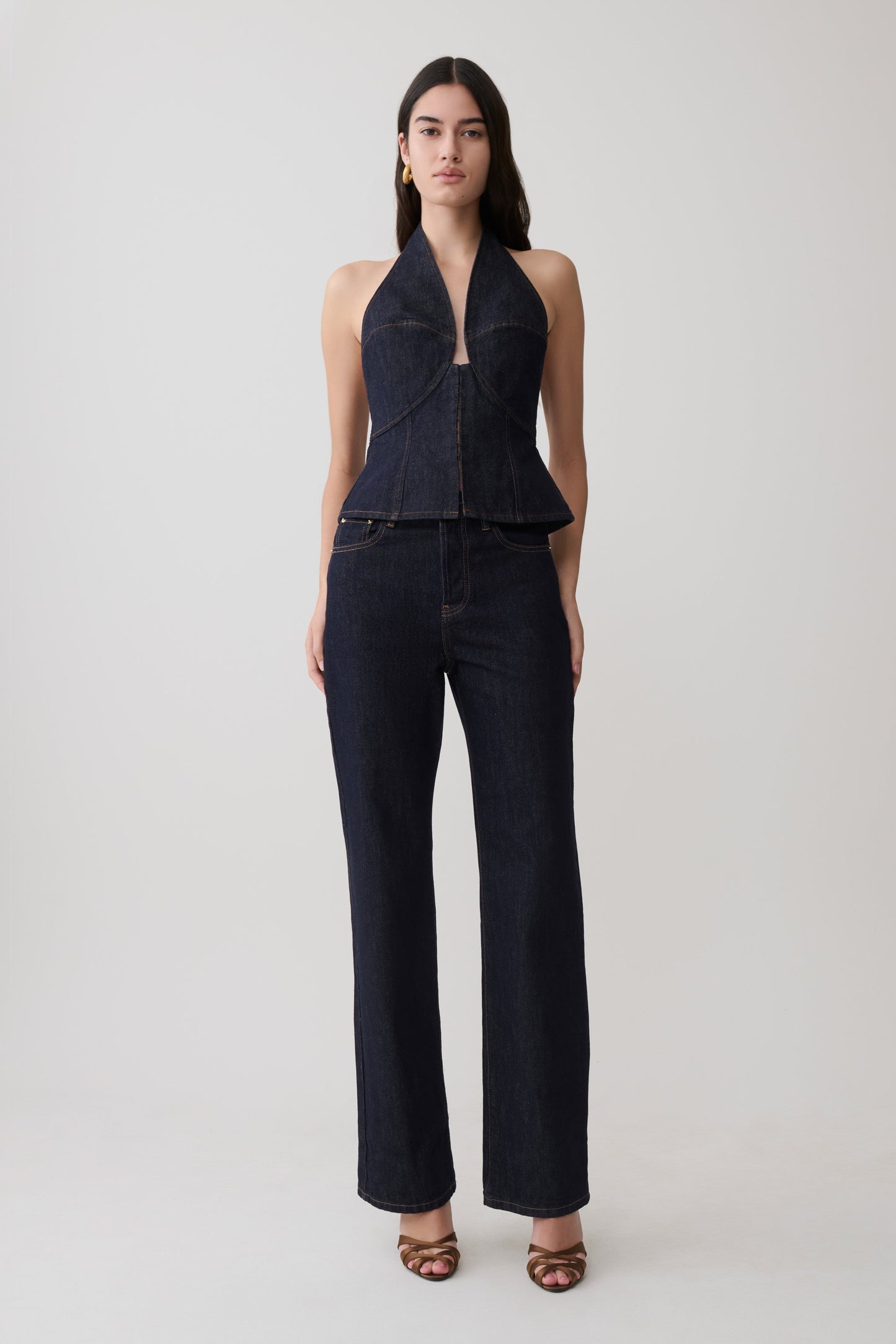 Rema Halter Longline Denim Top - Gewaschenes Indigo Blau