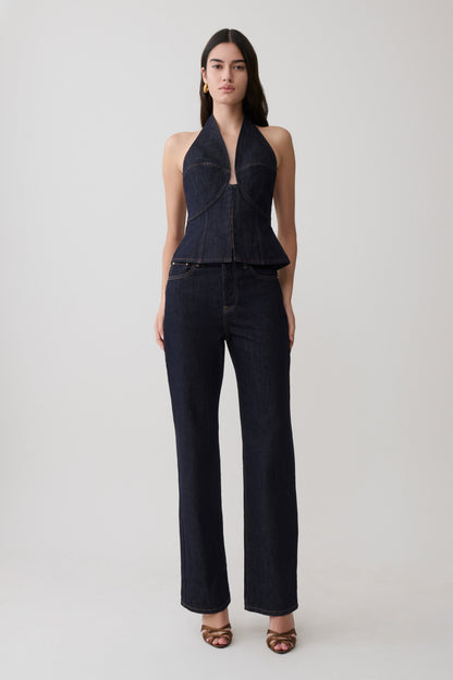 Rema Halter Longline Denim Top - Gewaschenes Indigo Blau