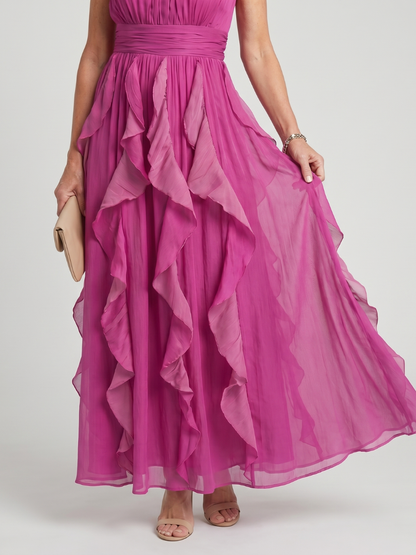 Orea | Maxikleid mit hohem Hals und gerafften Rüschenschichten