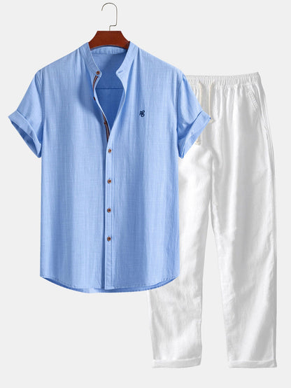 Kurzärmliges Hemd im Leinen-Look mit Stehkragen & gerade geschnittene Leinenhose