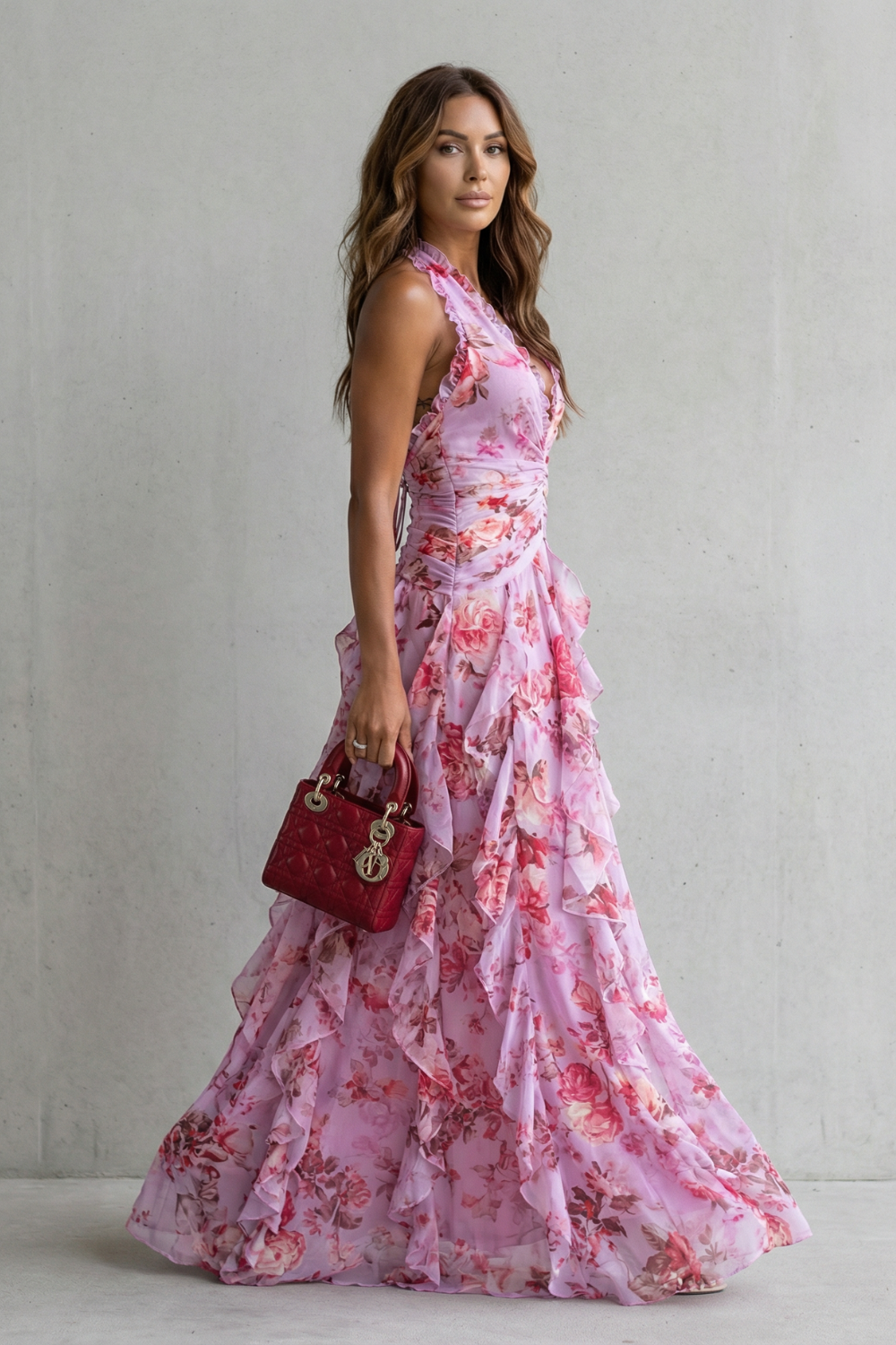 Belladina | Romantische Rosen-Cascata Lange Kleid mit Amerikanischem Ausschnitt